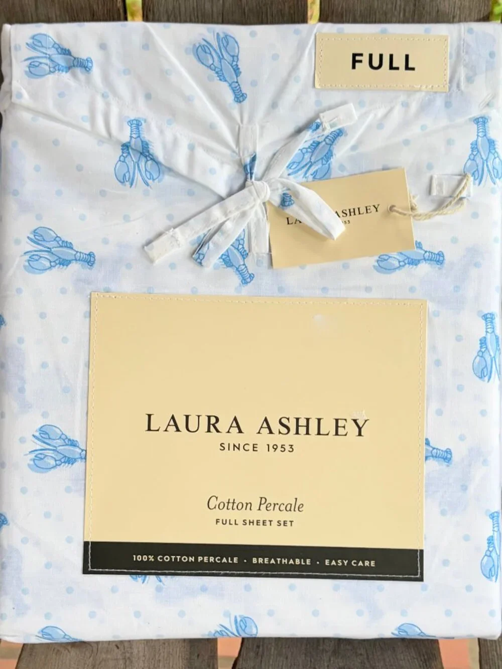Laura Ashley FULL Size Blue Lobster Cotton Sheet Set crisp cotton percale